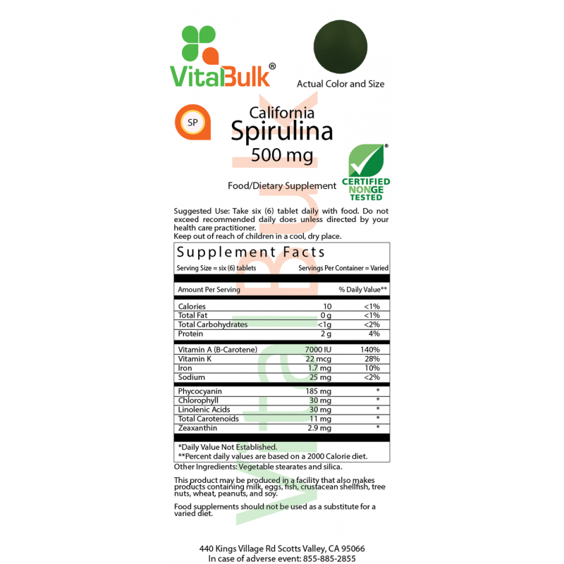 California Spirulina 500 mg Tablet - 180 Count Bag
